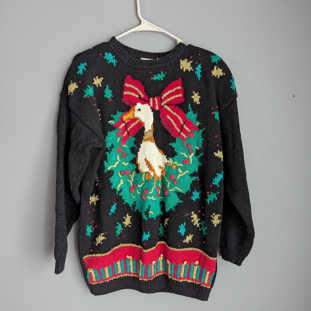 Vintage Christmas collection by casual corner cotton crewneck black sweater Sz M